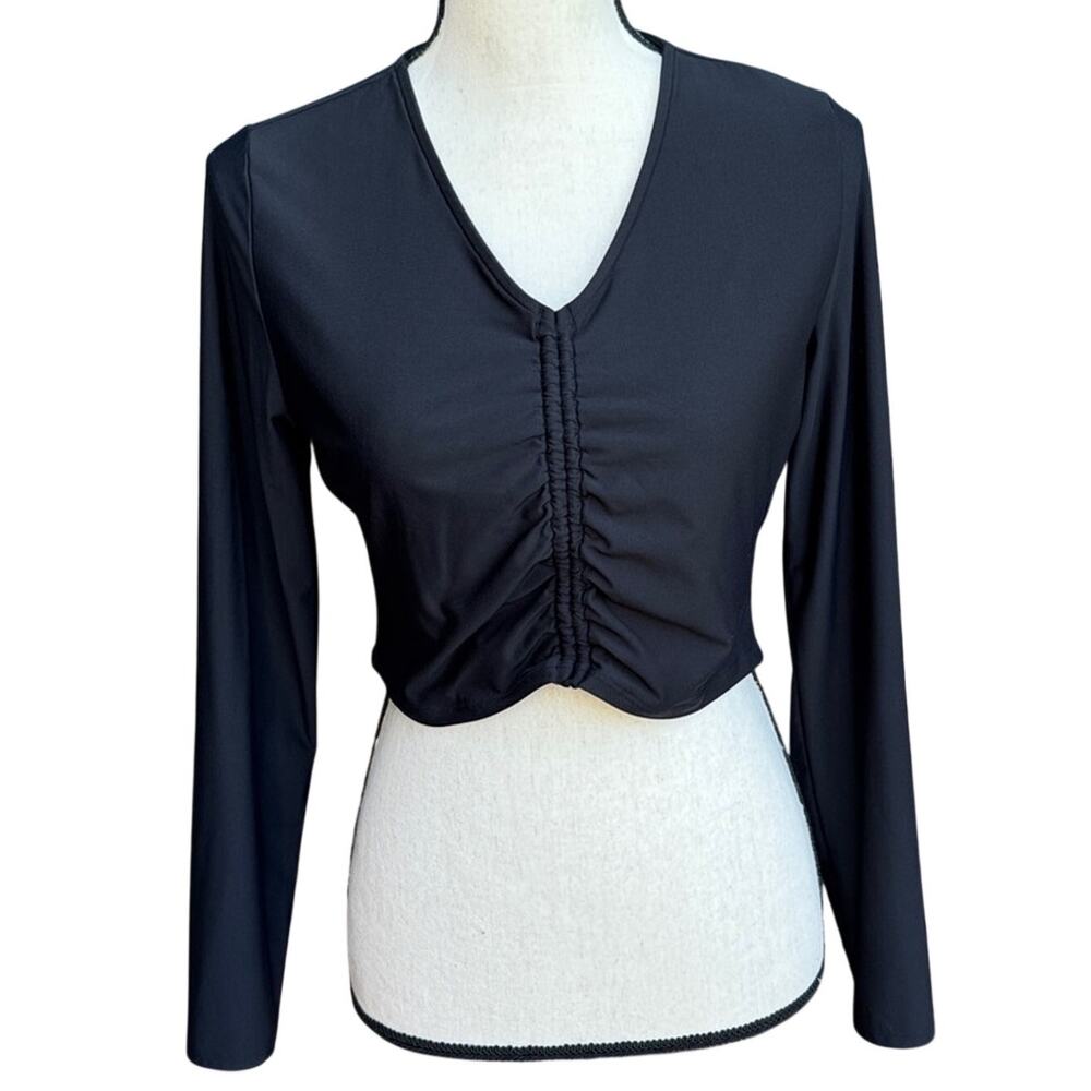 CALIA by Carrie Underwood Black V-Neck Ruched Center Long Sleeve Crop Top M